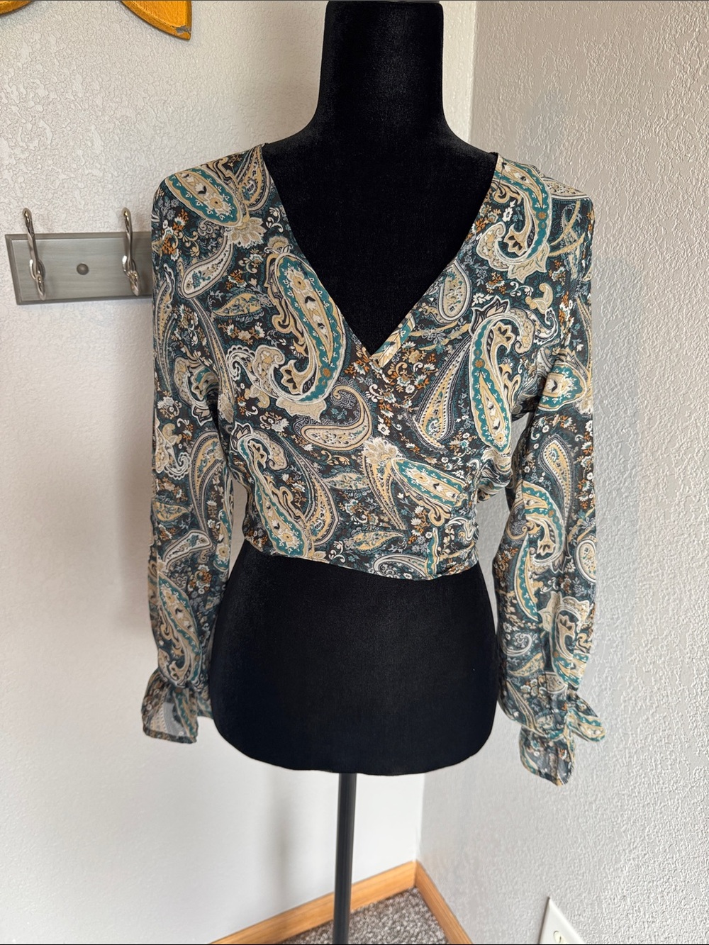 Paisley V-Neck Wrap Blouse in Green and Cream